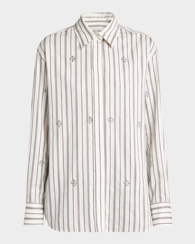 Marysole Embellished Striped Button-Down Shirt